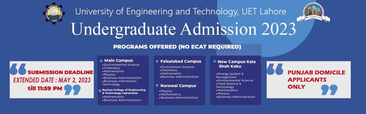 ECAT Free Undergraduate Admissions Open 2023 at Various UET Campuses
