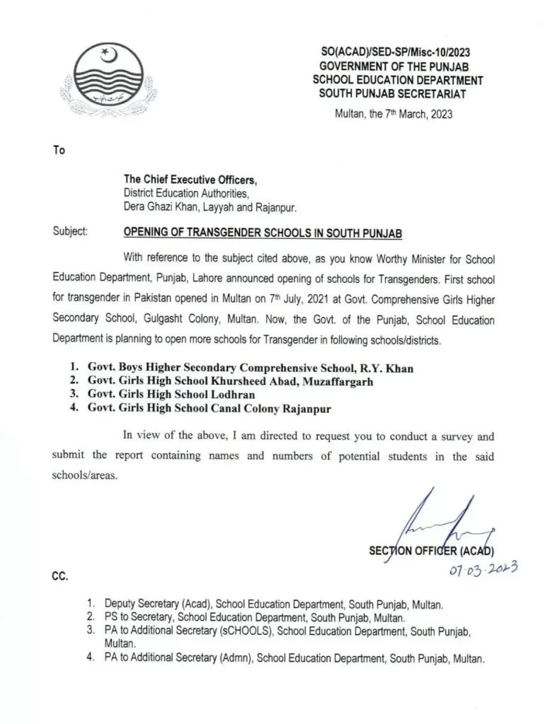 SED Punjab to Open Transgender Schools in South Punjab