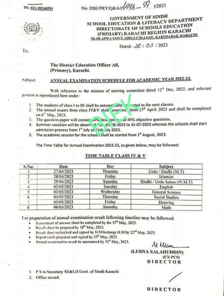 Sindh Annual Exam Date Sheet 2023 for Primary Classes