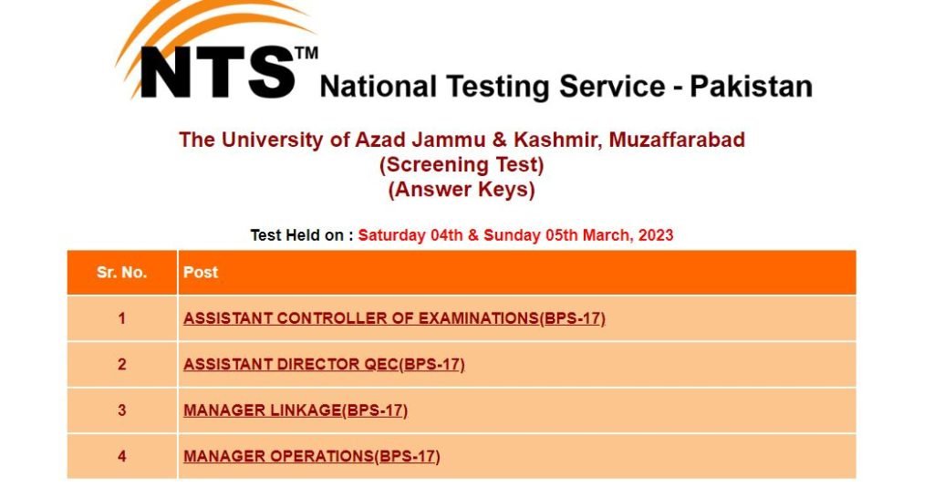 University of Azad Jammu & Kashmir Screening Test Answer Keys 2023