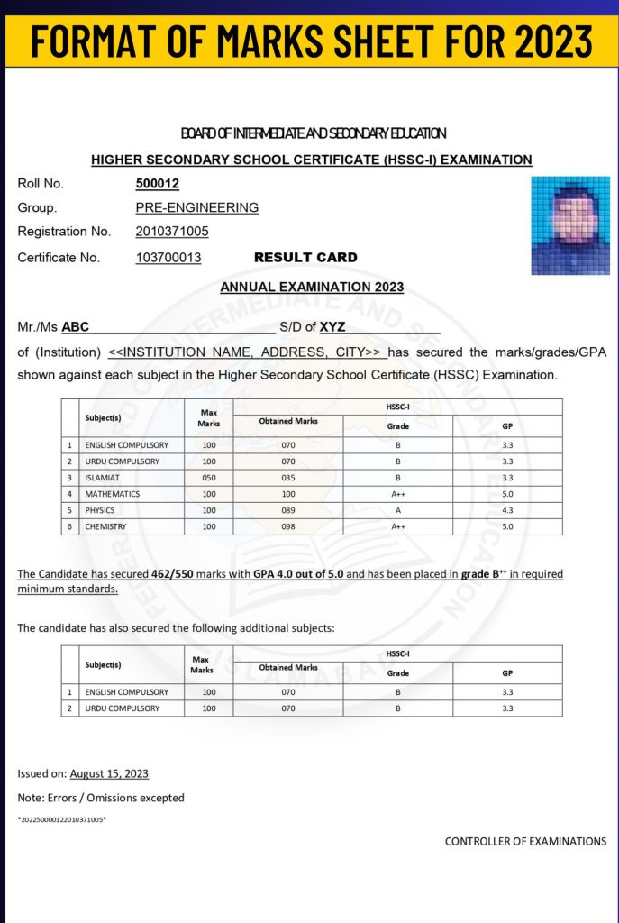 FBISE Mark Sheet 2023 Format