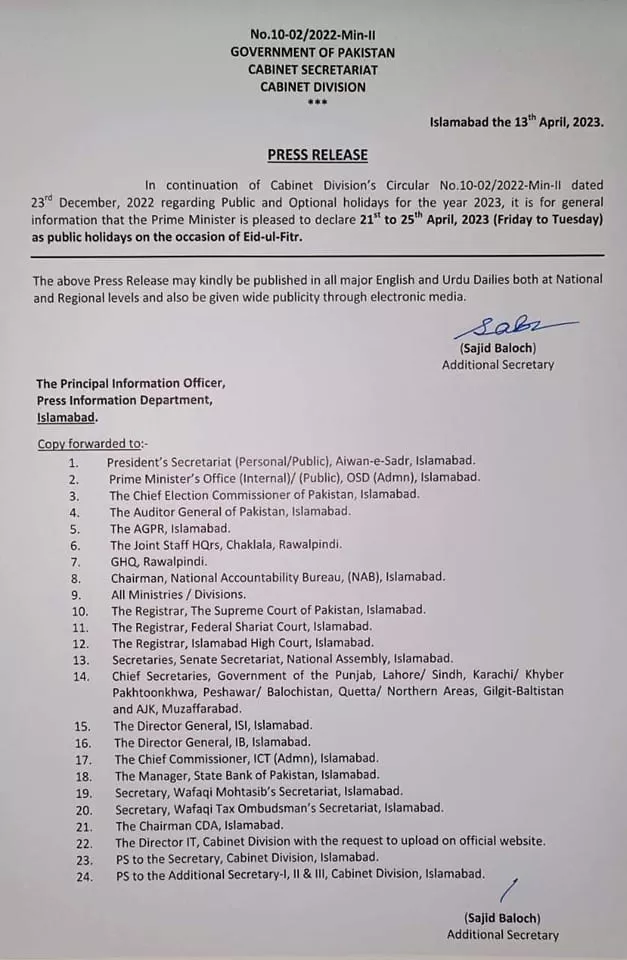Federal Govt Announced Eid-u-Fitr Holidays 2023