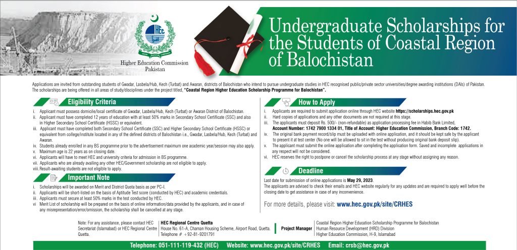 HEC Undergraduate Scholarship 2023 for Balochistan Coastal Region Students