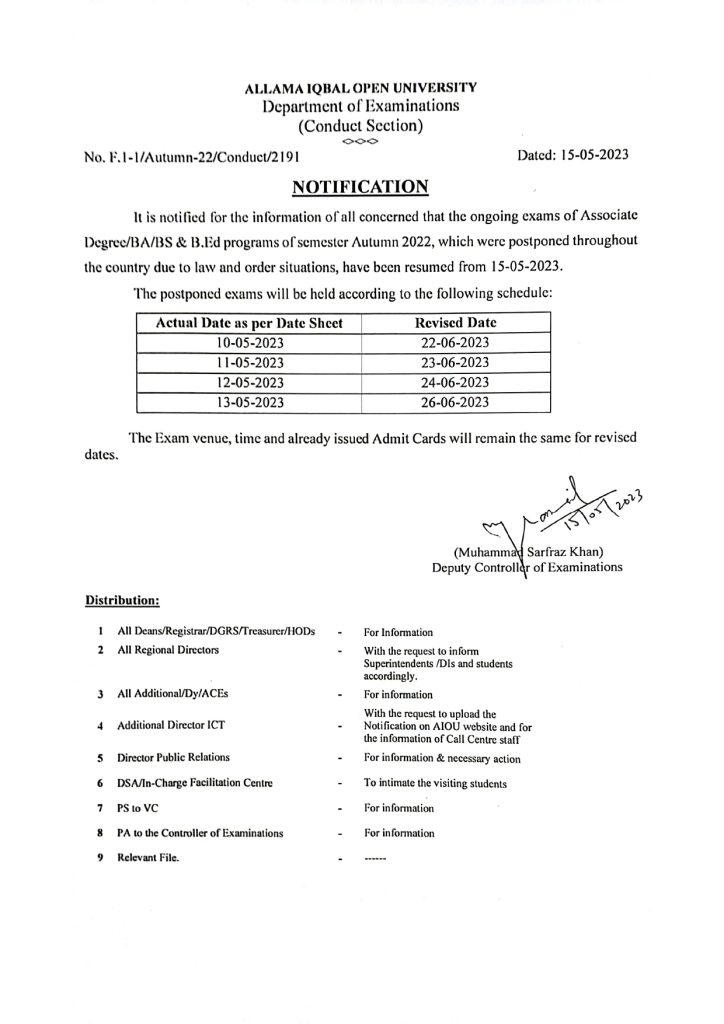 AIOU Revised Date Sheet for the Postponed Exams 2023