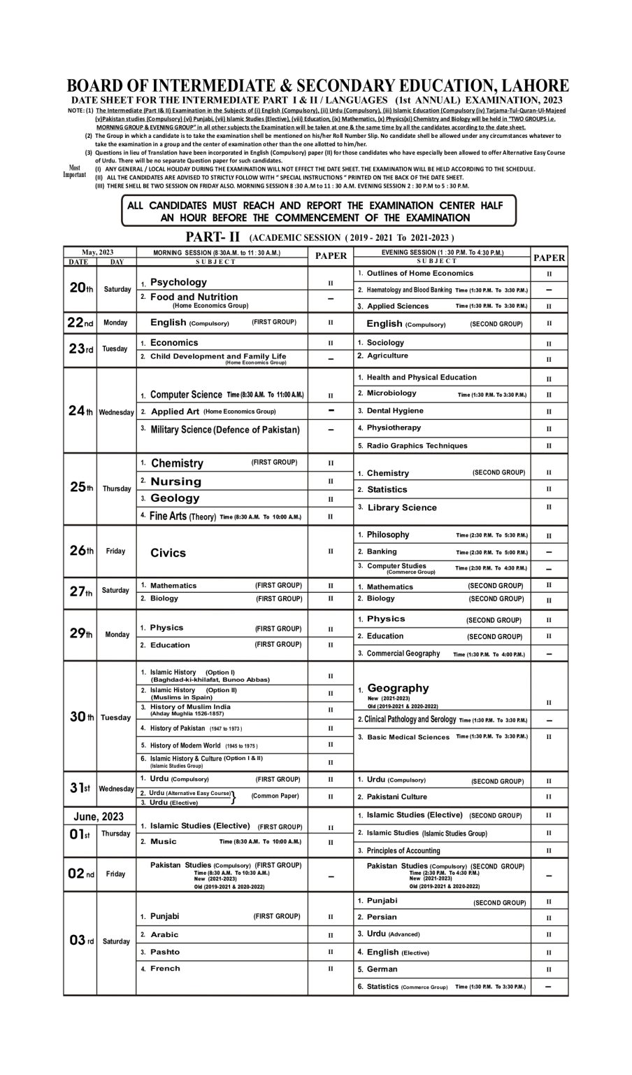 BISE Lahore Board Inter 12th Class 1st Annual Examination Date Sheet 2023