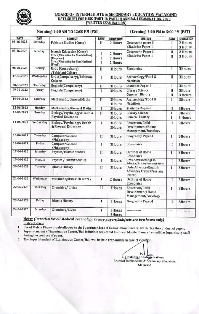 BISE Malakand Board HSSC 11th & 12th Class Annual Exam Date Sheet 2023