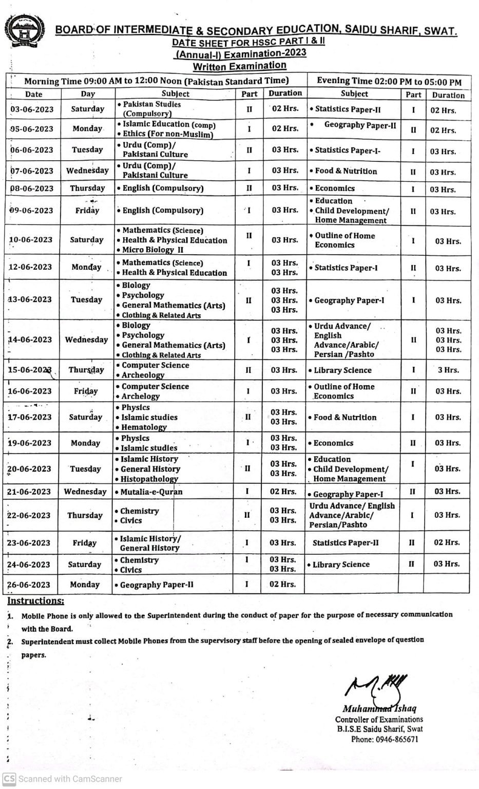 BISE Swat Board HSSC 11th & 12th Class Annual Exam Date Sheet 2023