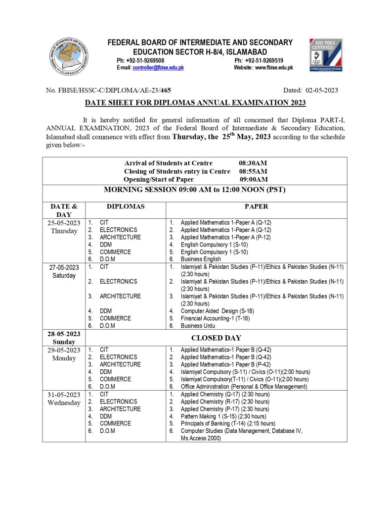 FBISE Date Sheet for Diplomas 2023
