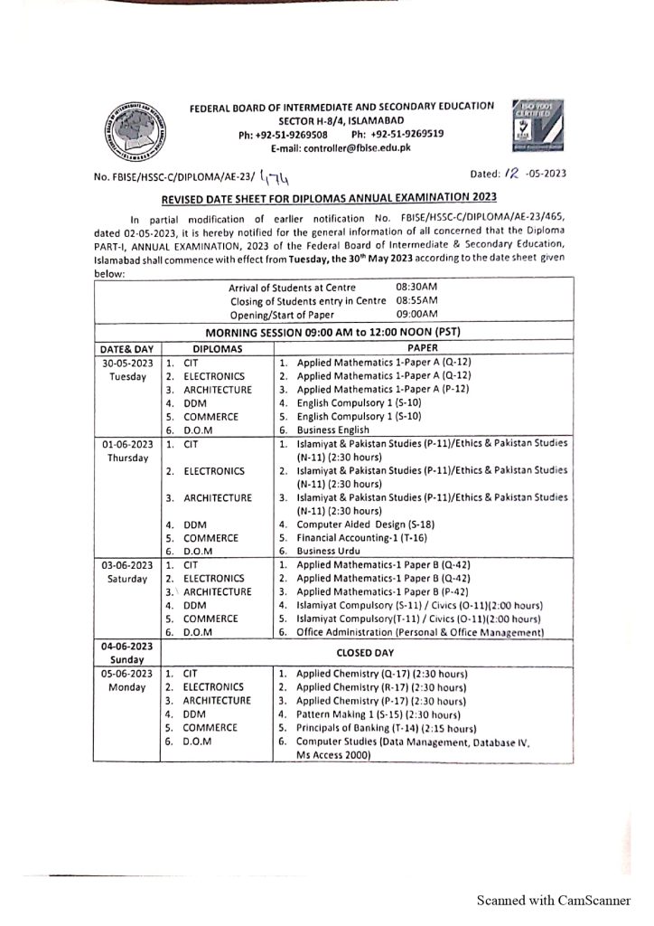 FBISE Diplomas Date Sheet 2023