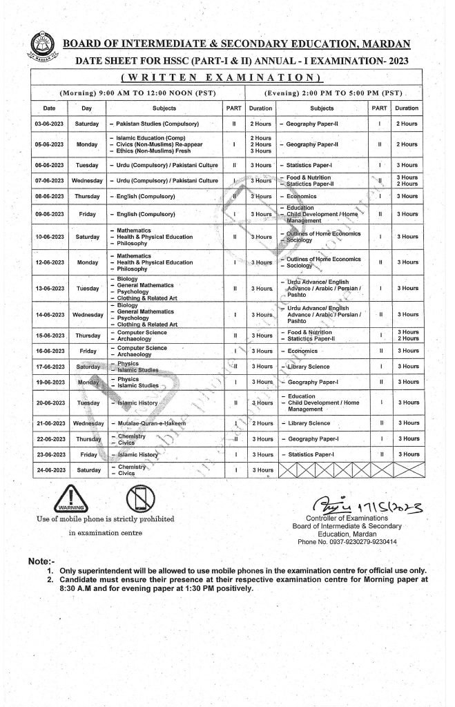 Mardan Board HSSC Date Sheet 2023