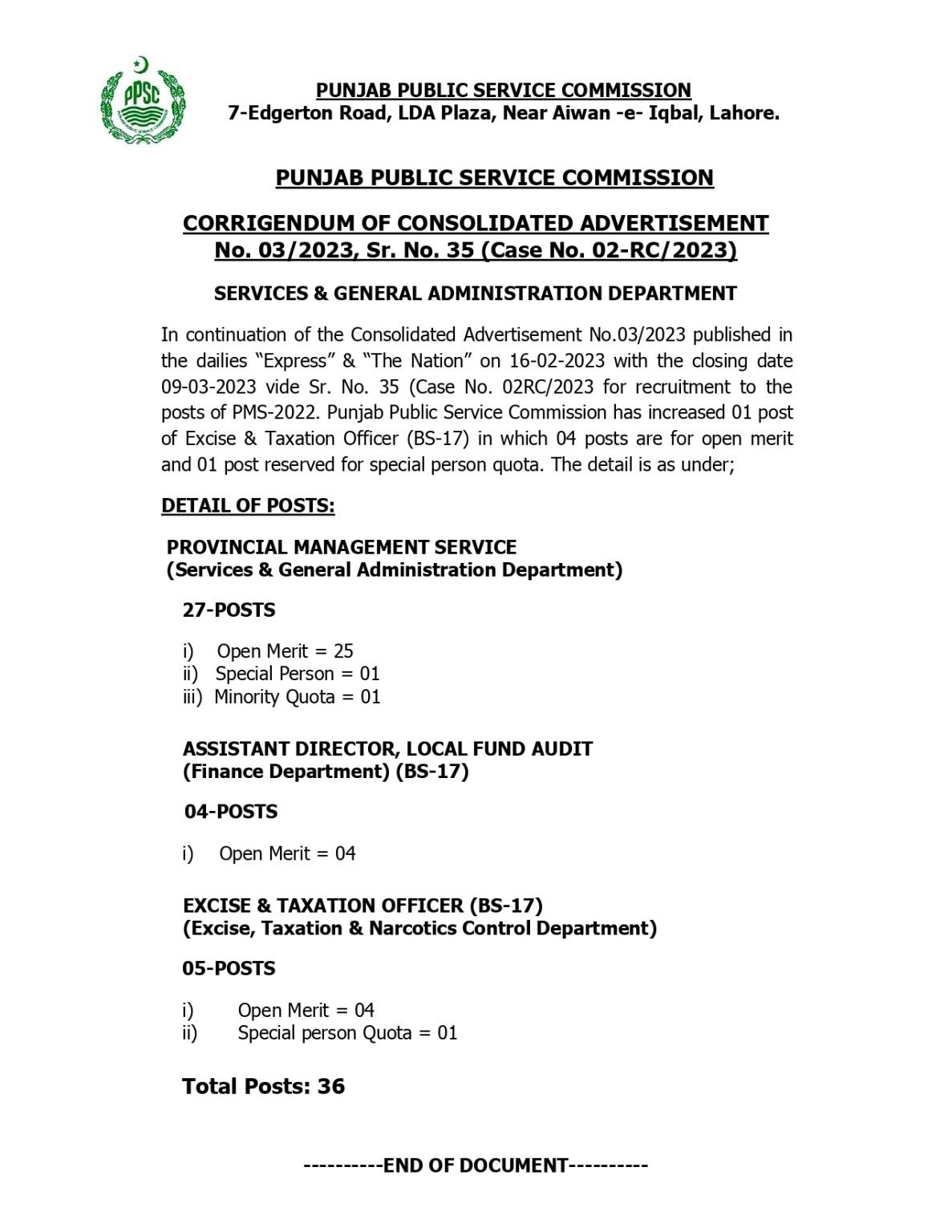 PPSC Corrigendum of Advertisement # 3/2023 (Case No 02-RC/2023) PPSC Corrigendum of Advertisement # 3/2023 (Case No 02-RC/2023)