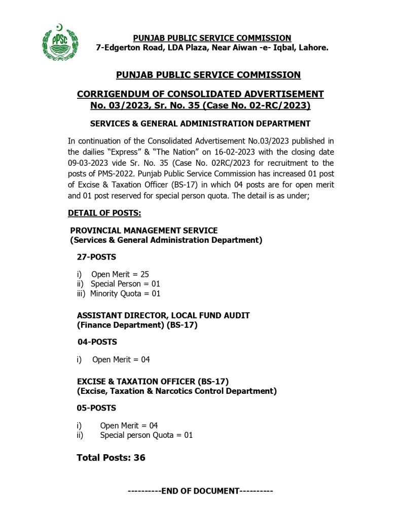 PPSC Corrigendum of Advertisement # 3/2023 (Case No 02-RC/2023) PPSC Corrigendum of Advertisement # 3/2023 (Case No 02-RC/2023)