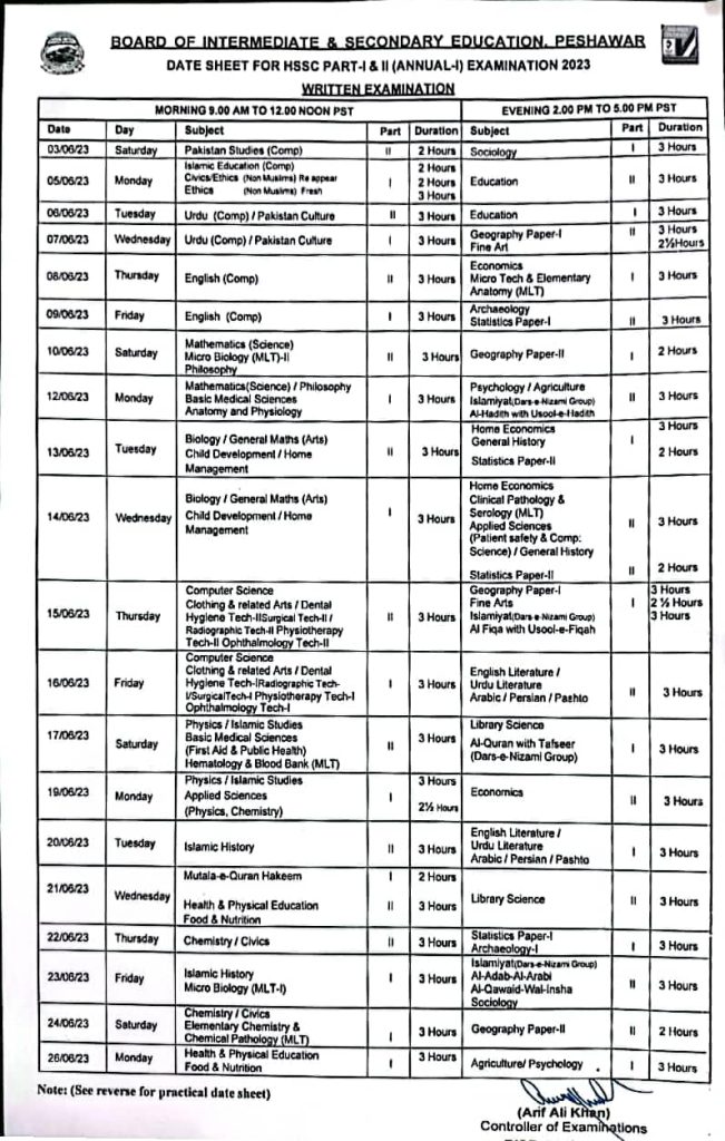 BISE Peshawar Board HSSC 11th & 12th Class Annual Exam Date Sheet 2023 BISE Peshawar Board HSSC 11th & 12th Class Annual Exam Date Sheet 2023