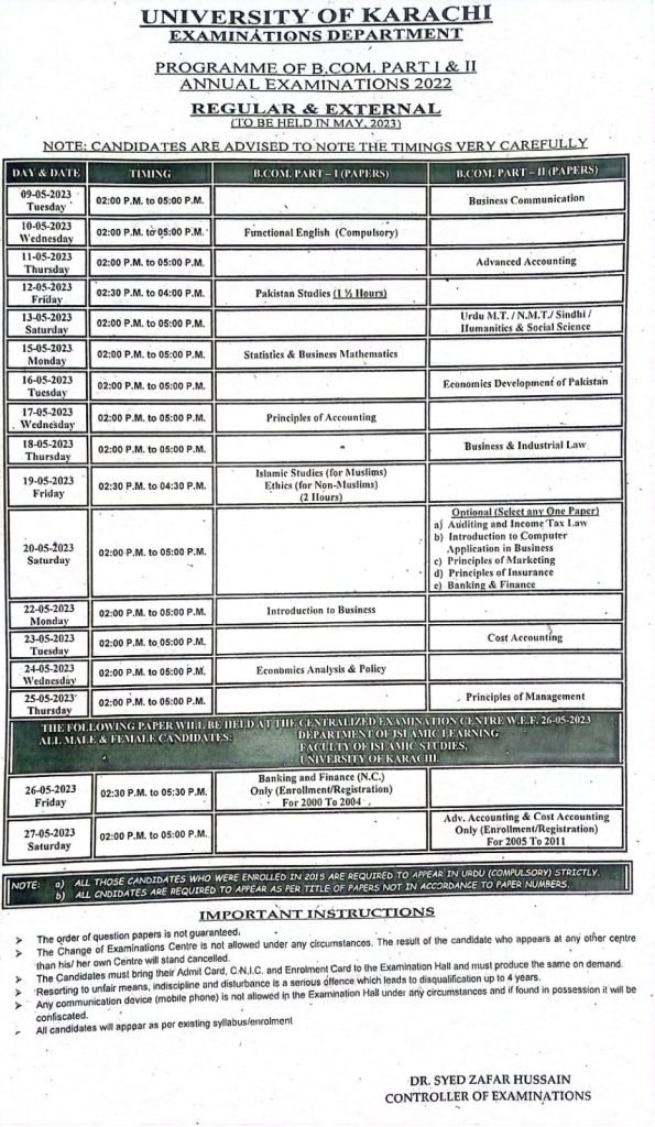 UOK B.Com Part I & II Annual Exam Date Sheet 2023