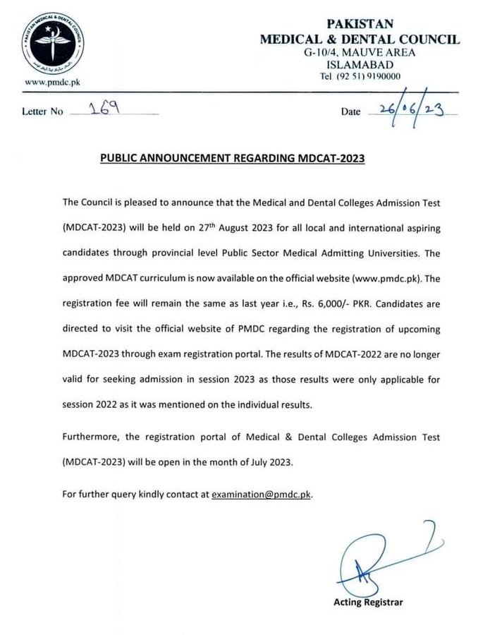PMC Issued Notification Regarding MDCAT 2023 PMC Issued Notification Regarding MDCAT 2023