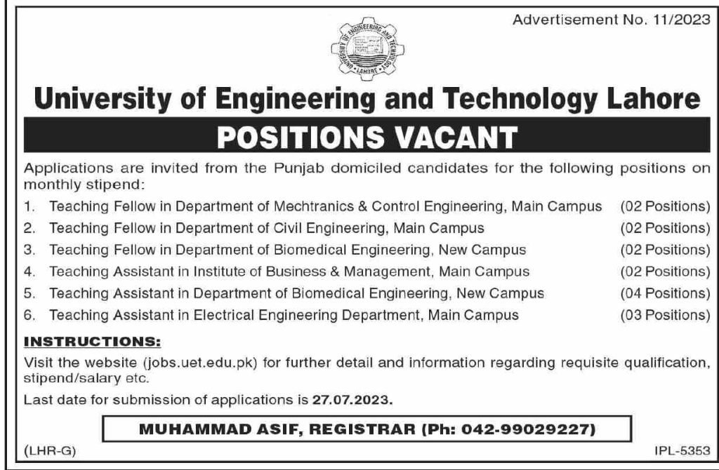 UET Lahore Latest Teaching Fellow Jobs 2023