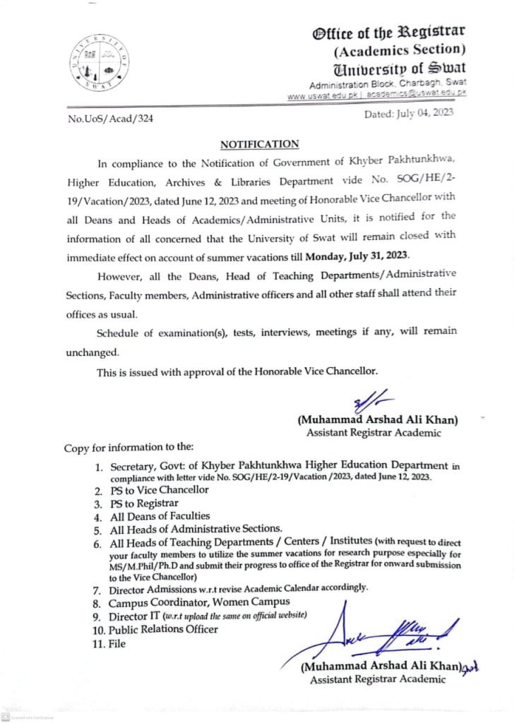 The University of Swat Announced Summer Vacations 2023
