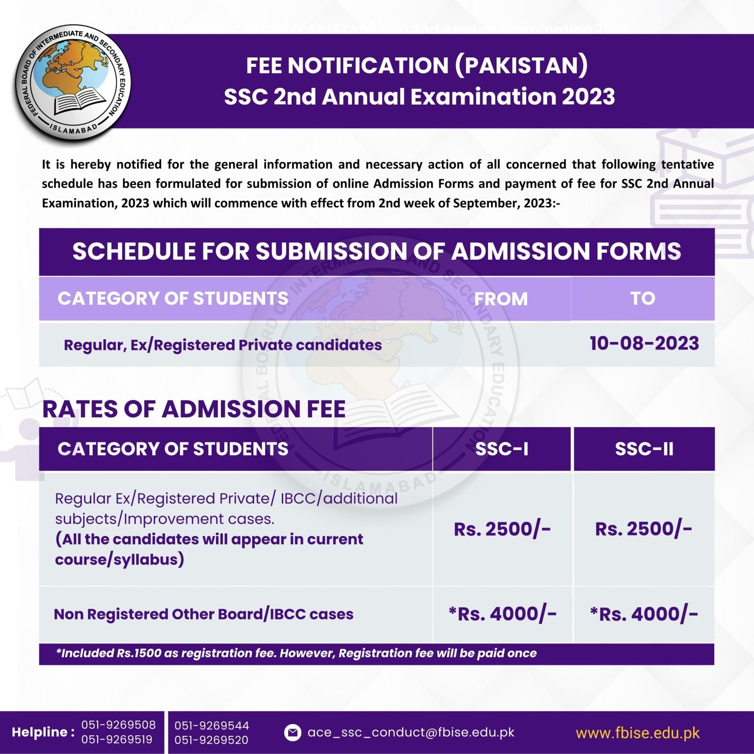 FBISE 2nd Annual Examination 2023 Admission Schedule