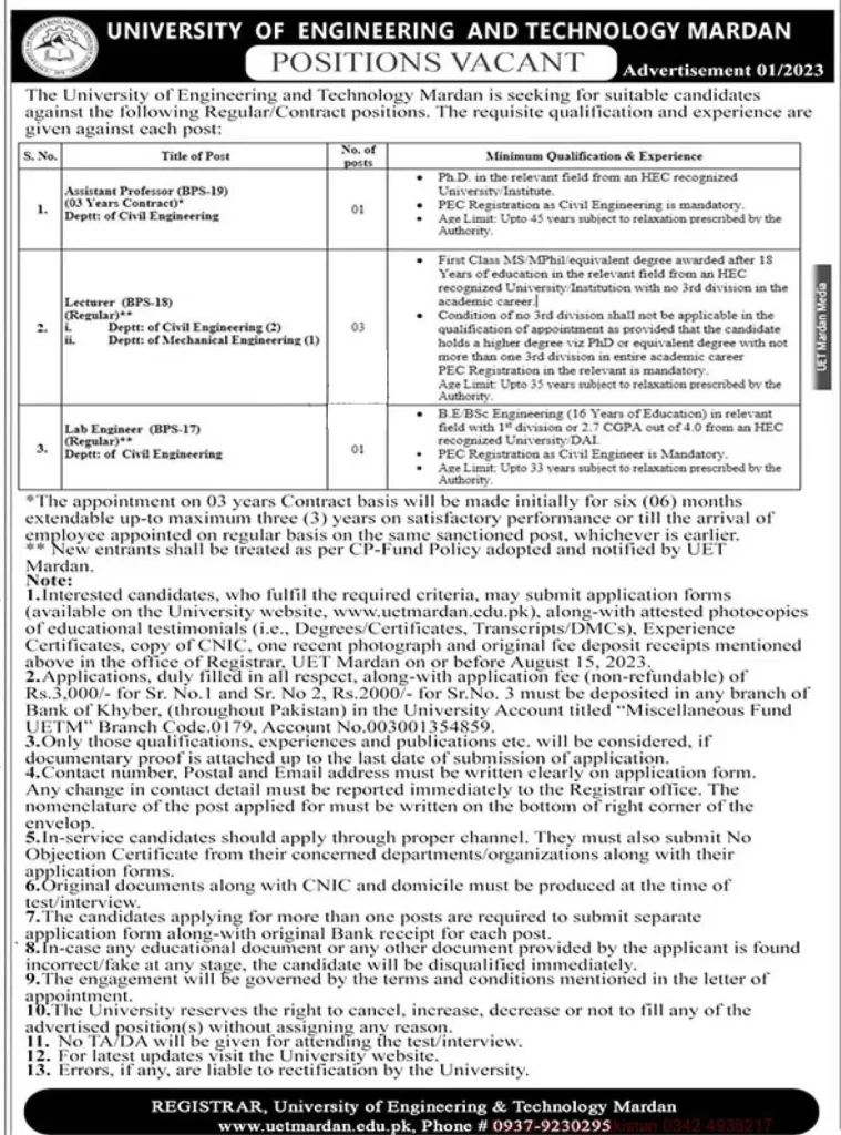 University of Engineering & Technology UET Mardan July Jobs 2023