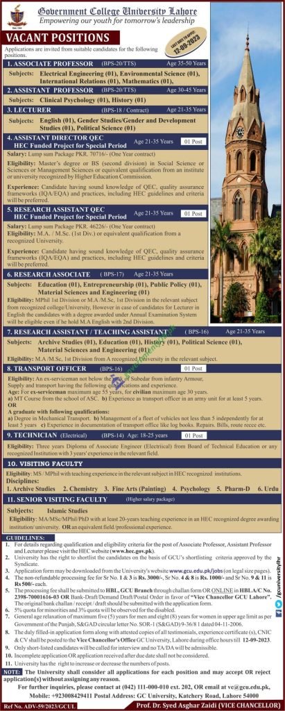 GC University Lahore Latest September Jobs 2023