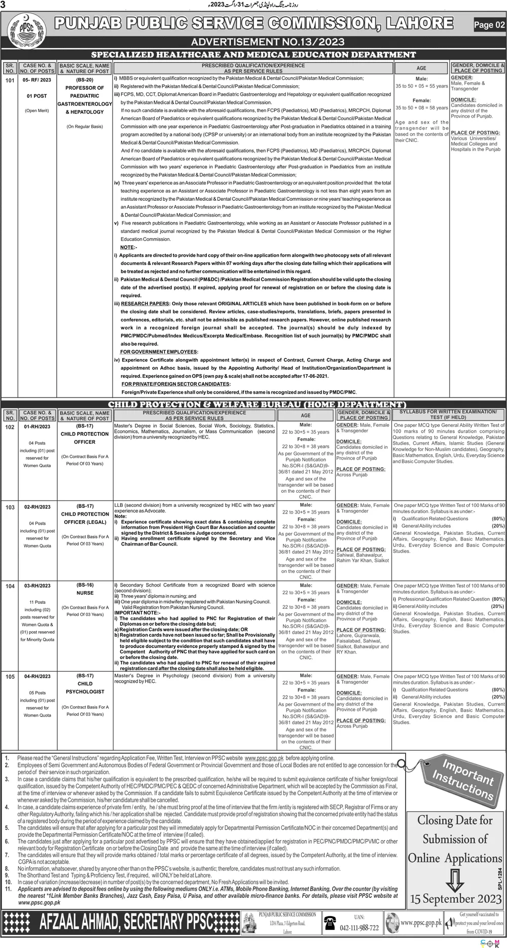 Punjab Public Service Commission PPSC Adv No 13/2023 Jobs