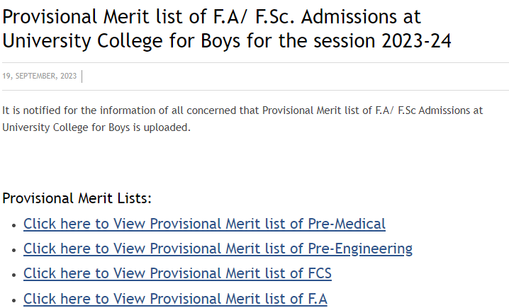 UOP Provisional Merit List 2023-24 of University College for Boys UOP Provisional Merit List 2023-24 of University College for Boys