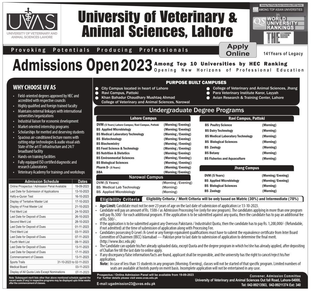 UVAS Undergraduate Programs (BS) Admissions Open 2023 UVAS Undergraduate Programs (BS) Admissions Open 2023