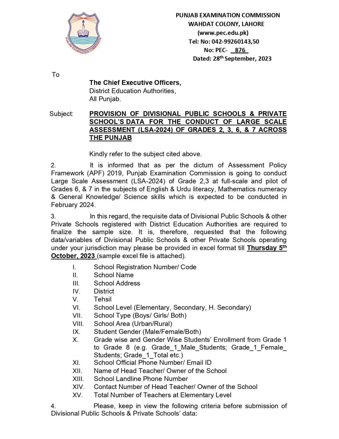 PEC to Conduct LSA of 2,3,6 & 7 Classes in February 2024 PEC to Conduct LSA of 2,3,6 & 7 Classes in February 2024