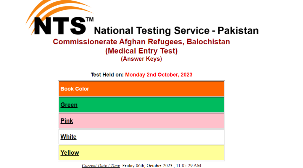 NTS Issued Commissionerate Afghan Refugees Medical Entry Test Answer Keys 2023 NTS Issued Commissionerate Afghan Refugees Medical Entry Test Answer Keys 2023