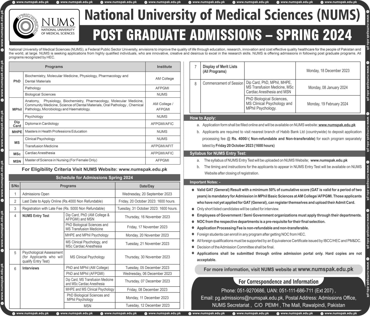 NUMS Post-Graduate Admission (Spring) 2024 Open