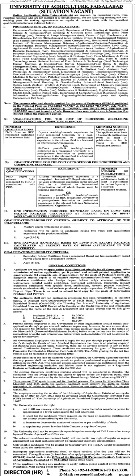 The University of Agriculture Faisalabad Jobs 2023  for Teaching Faculty