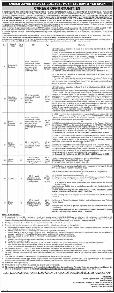 Sheikh Zayed Medical College Jobs 2023 Latest Advertisement Sheikh Zayed Medical College