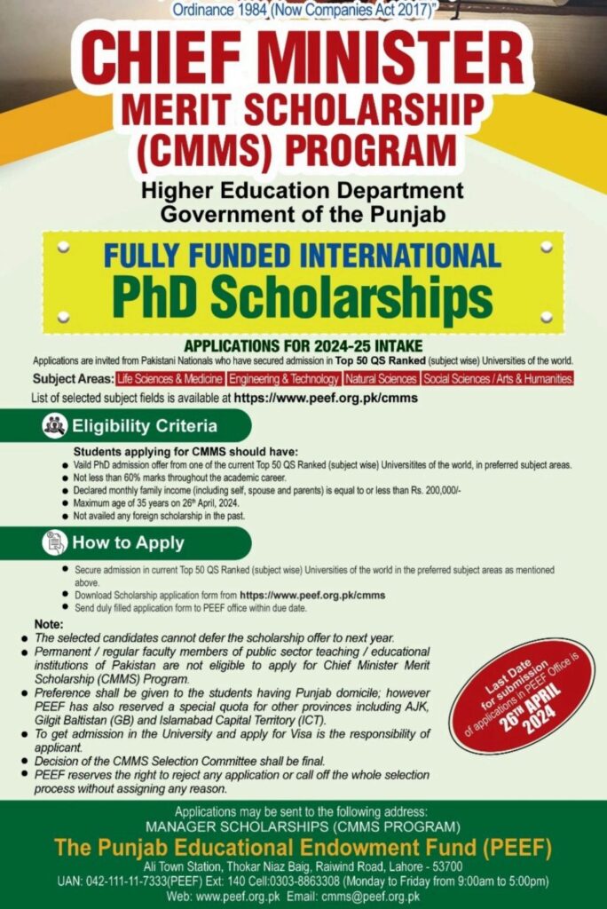 Chief Minister PhD International Scholarship 2024 | Fully Funded Chief Minister PhD International Scholarship 2024 | Fully Funded