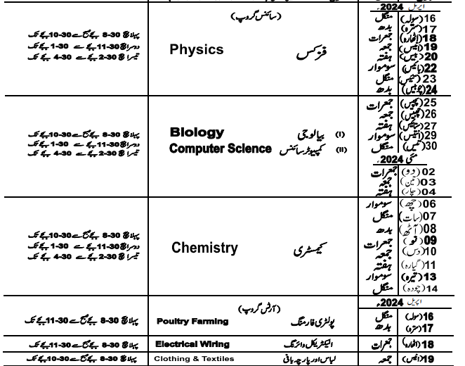 BISE Lahore 10th Class 1st Annual Practical Exams Date Sheet 2024