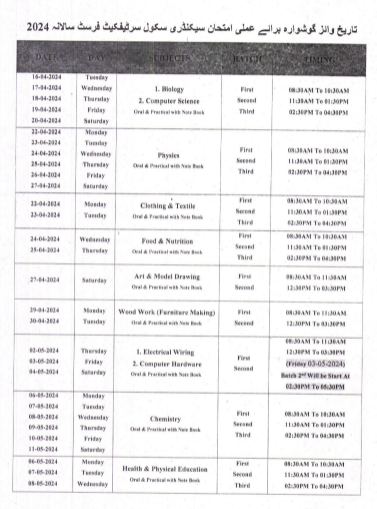 BISE Bahawalpur 10th Class 1st Annual Practical Exam Date Sheet 2024