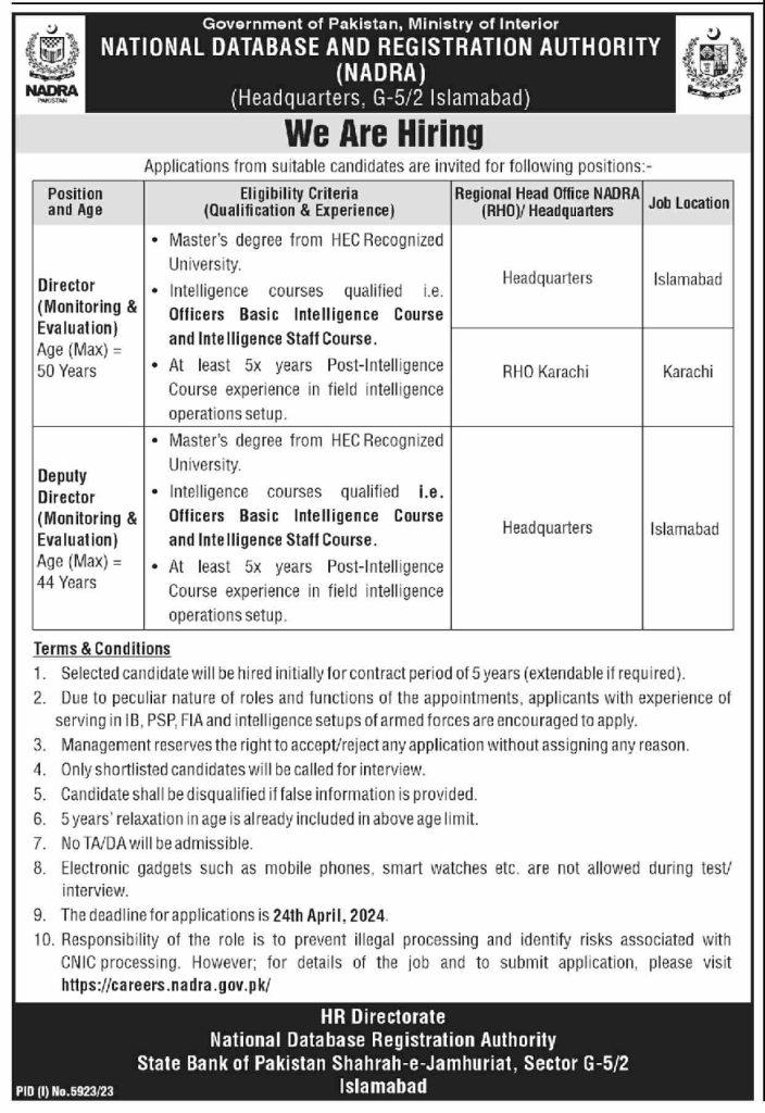 NADRA Islamabad Announced Latest April Jobs 2024